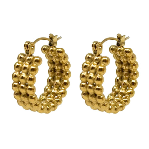 18K Gold Plated Triple Bead Hoop Earrings, luxurious gold bead hoops for women.