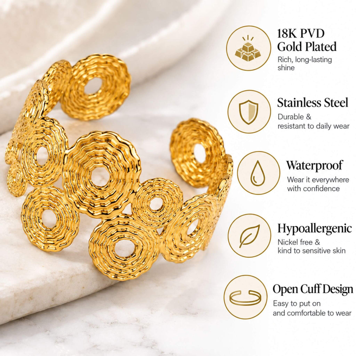 18K PVD gold plated stainless steel cuff bracelet with waterproof, hypoallergenic and nickel-free features