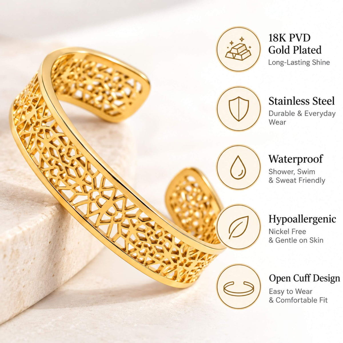 18K PVD gold plated filigree cuff bracelet showing stainless steel, waterproof, hypoallergenic and open cuff features