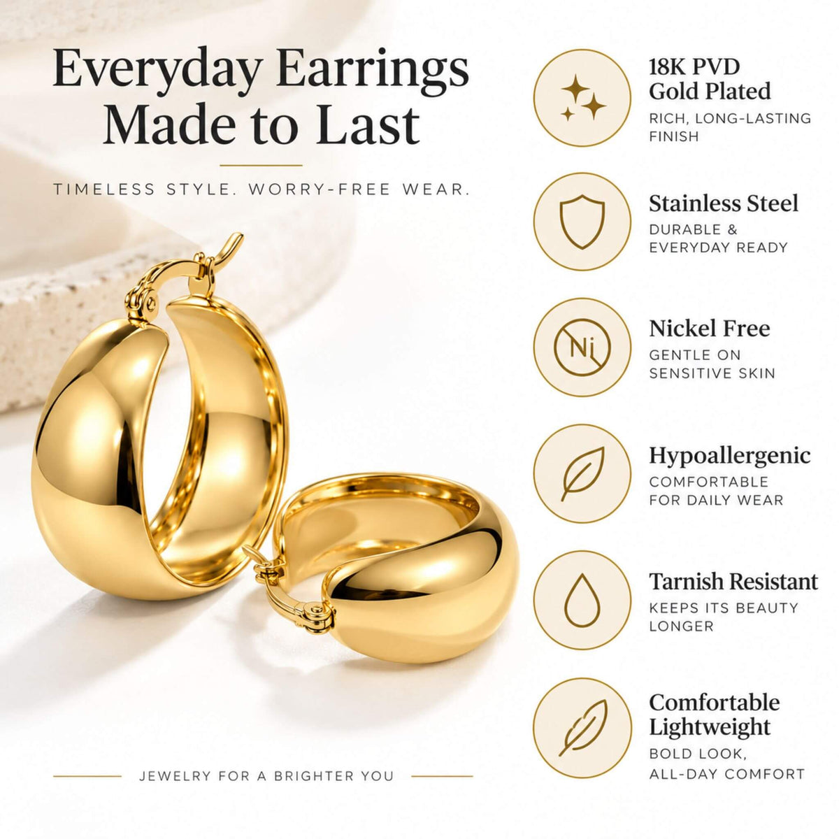 18K PVD gold plated stainless steel chunky hoop earrings with nickel-free and hypoallergenic features