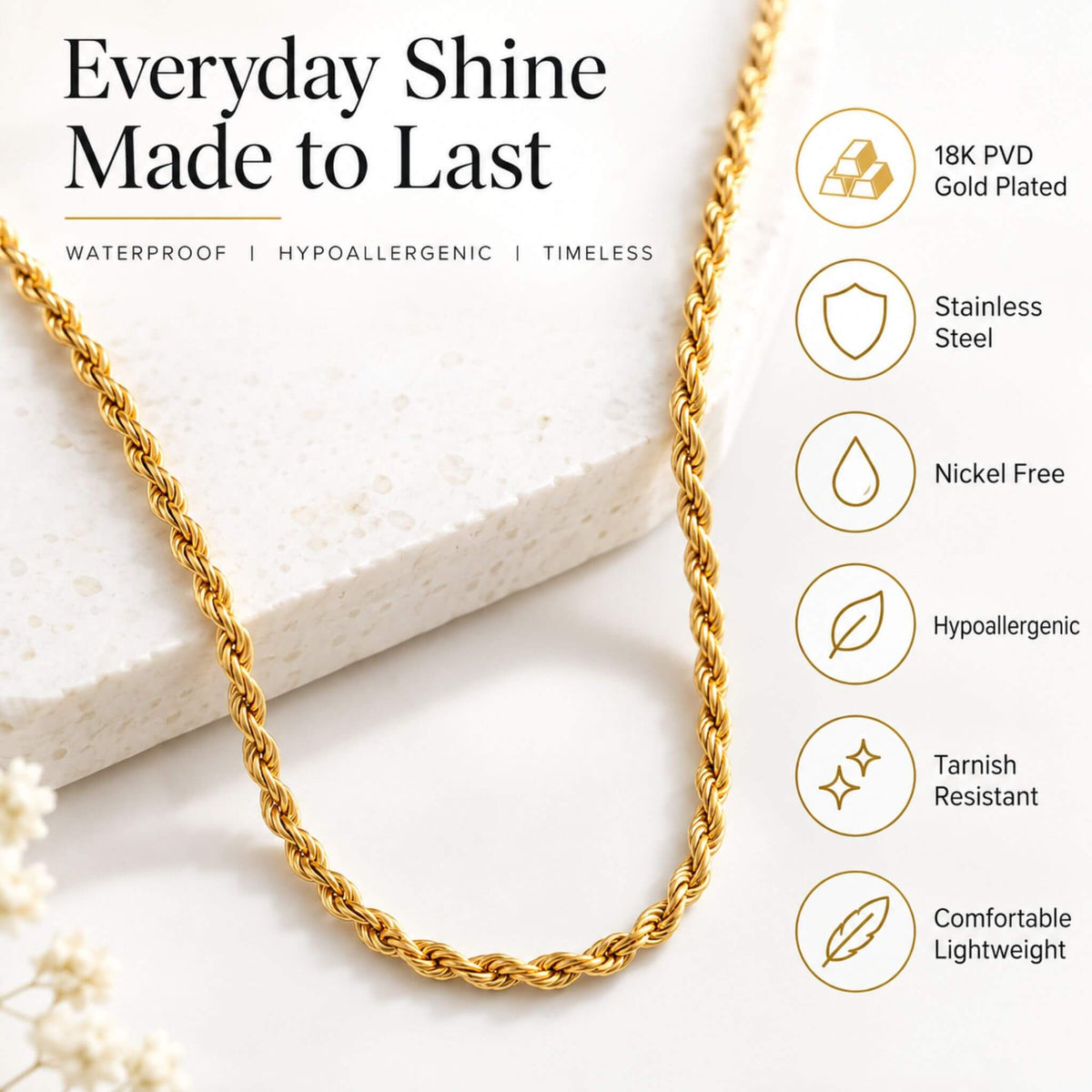 18K PVD gold plated stainless steel rope chain necklace with nickel-free, hypoallergenic and tarnish-resistant features