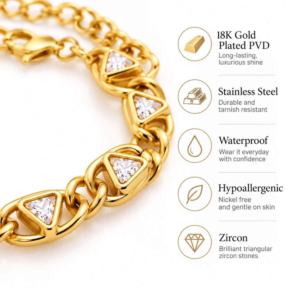 18K PVD gold plated stainless steel bracelet with triangular zircon stones, waterproof and hypoallergenic features