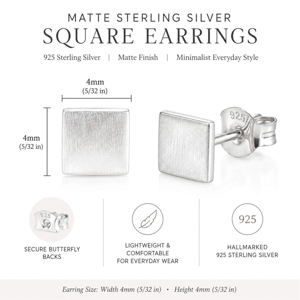 4mm sterling silver square stud earrings size and dimensions