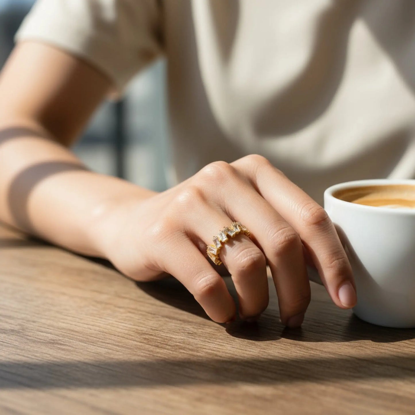Model wearing 5A cubic zirconia open ring on hand showing adjustable tarnish-proof hypoallergenic design