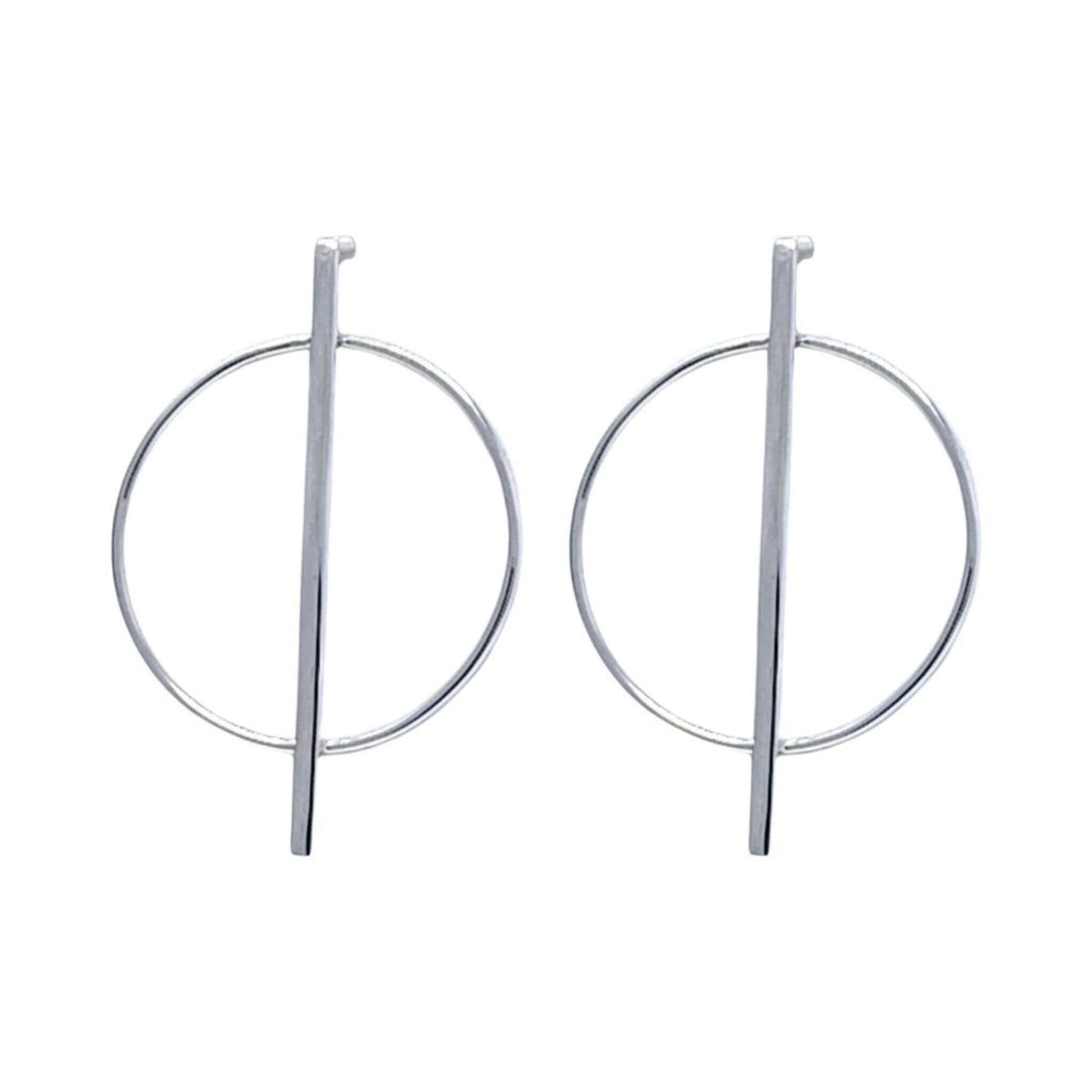 925 sterling silver bar and circle stud earrings on white background — polished open hoop ring with vertical bar, 22mm wide 33mm tall, pair