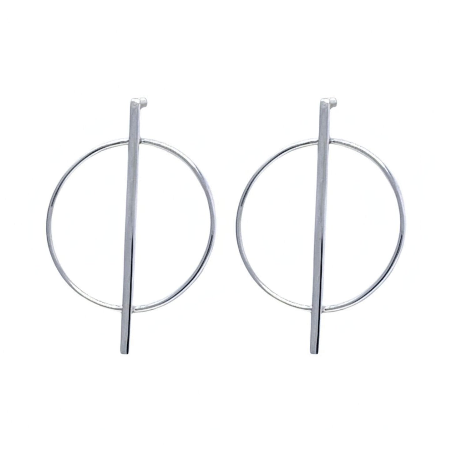 925 sterling silver bar and circle stud earrings on white background — polished open hoop ring with vertical bar, 22mm wide 33mm tall, pair