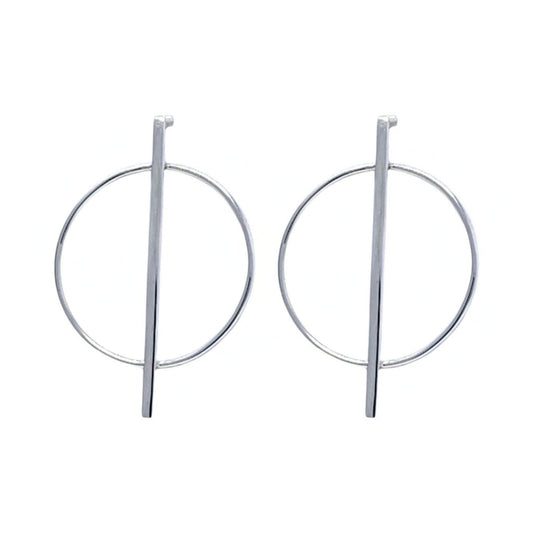 925 sterling silver bar and circle stud earrings on white background — polished open hoop ring with vertical bar, 22mm wide 33mm tall, pair