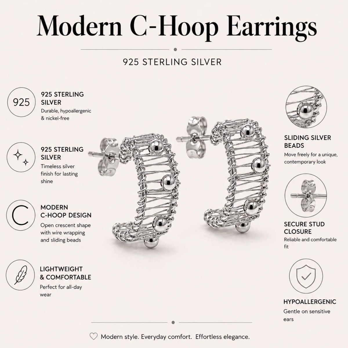 925 sterling silver C-hoop earrings featuring wire wrapping, silver beads and push-back closure