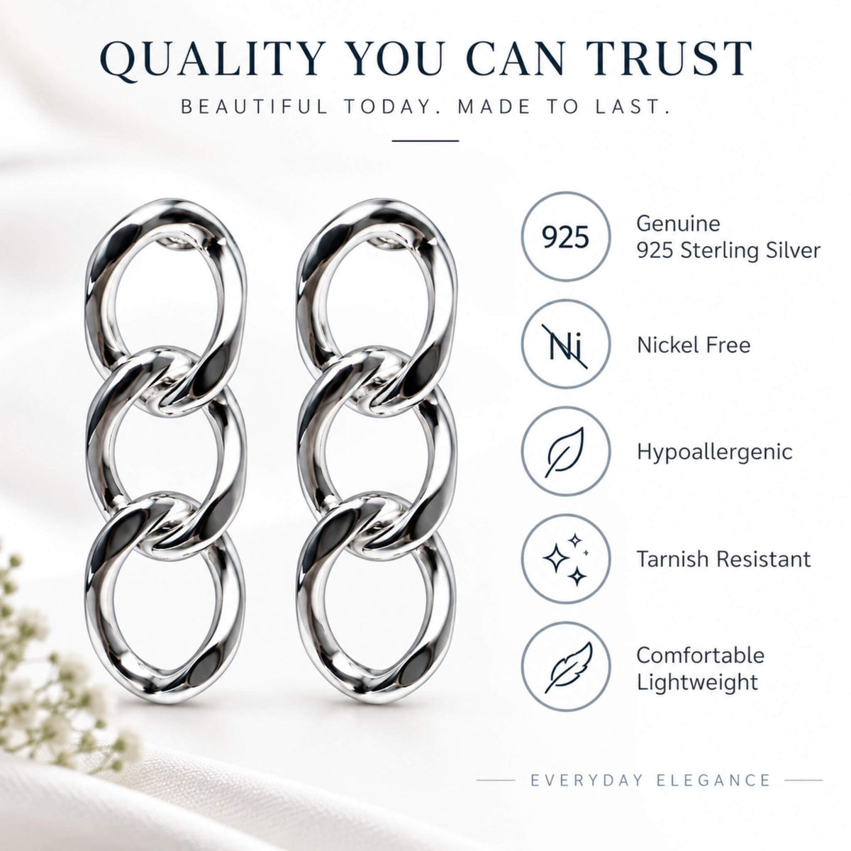 925 sterling silver chain link earrings with nickel-free hypoallergenic features