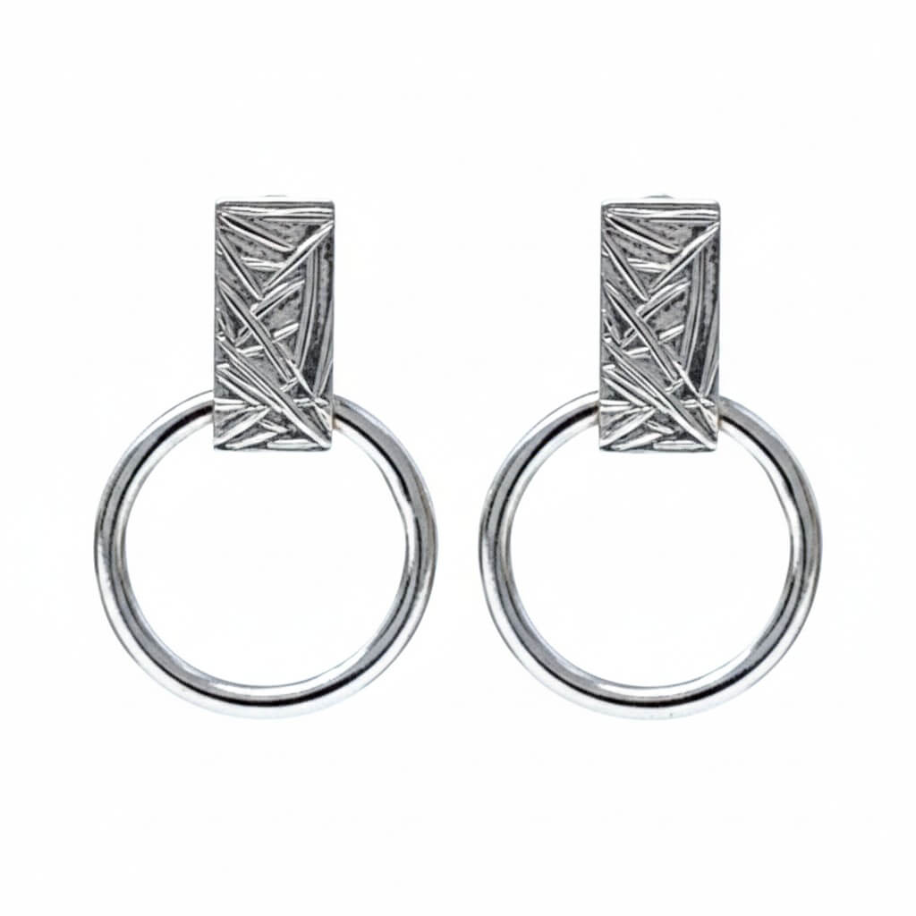 925 sterling silver circle and bar stud earrings on white background — textured rectangular bar stud with open circle drop, pair shown