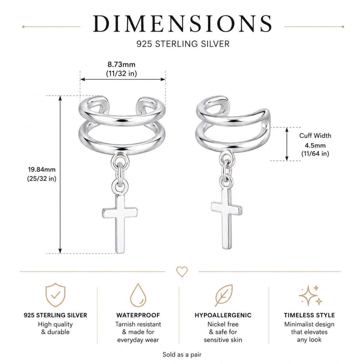 Dimensions of 925 sterling silver cross ear cuff earrings showing 8.73 mm width and 19.84 mm height with cross charm.