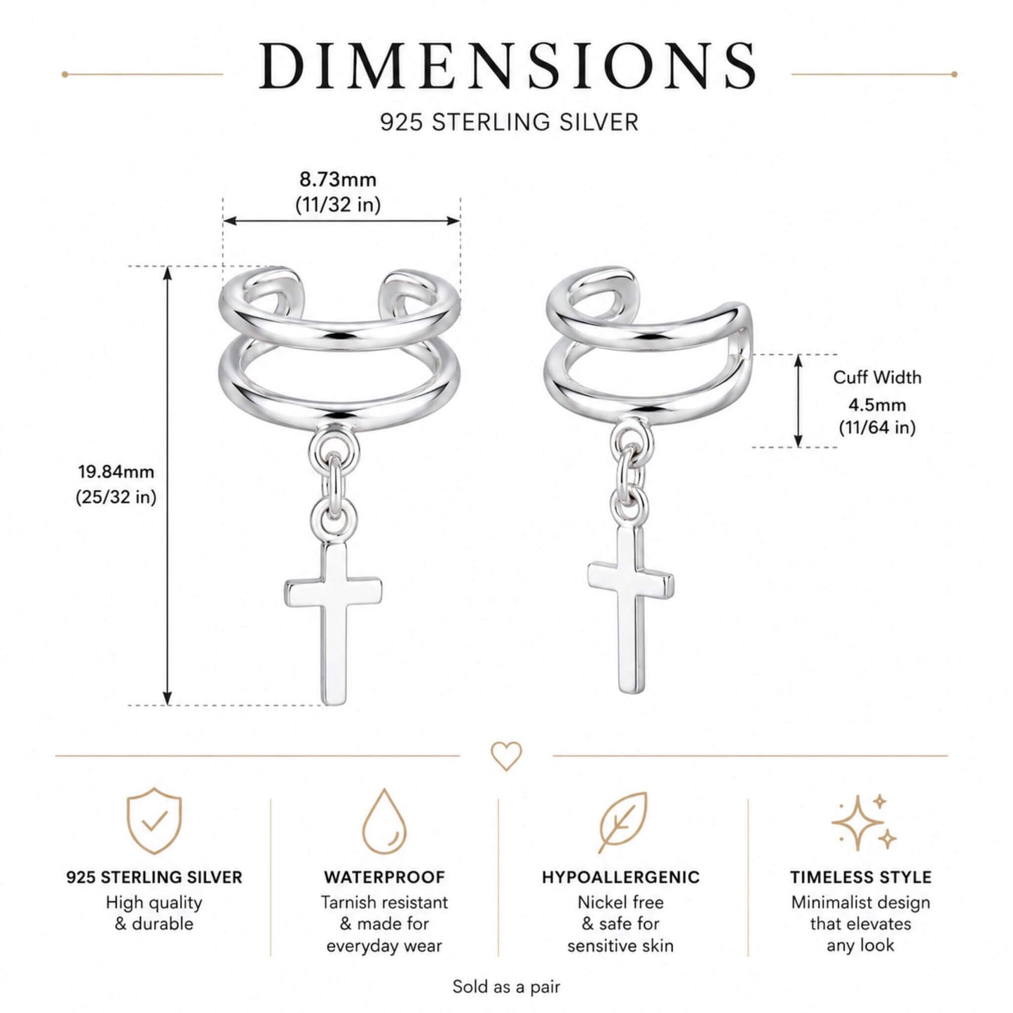 Dimensions of 925 sterling silver cross ear cuff earrings showing 8.73 mm width and 19.84 mm height with cross charm.