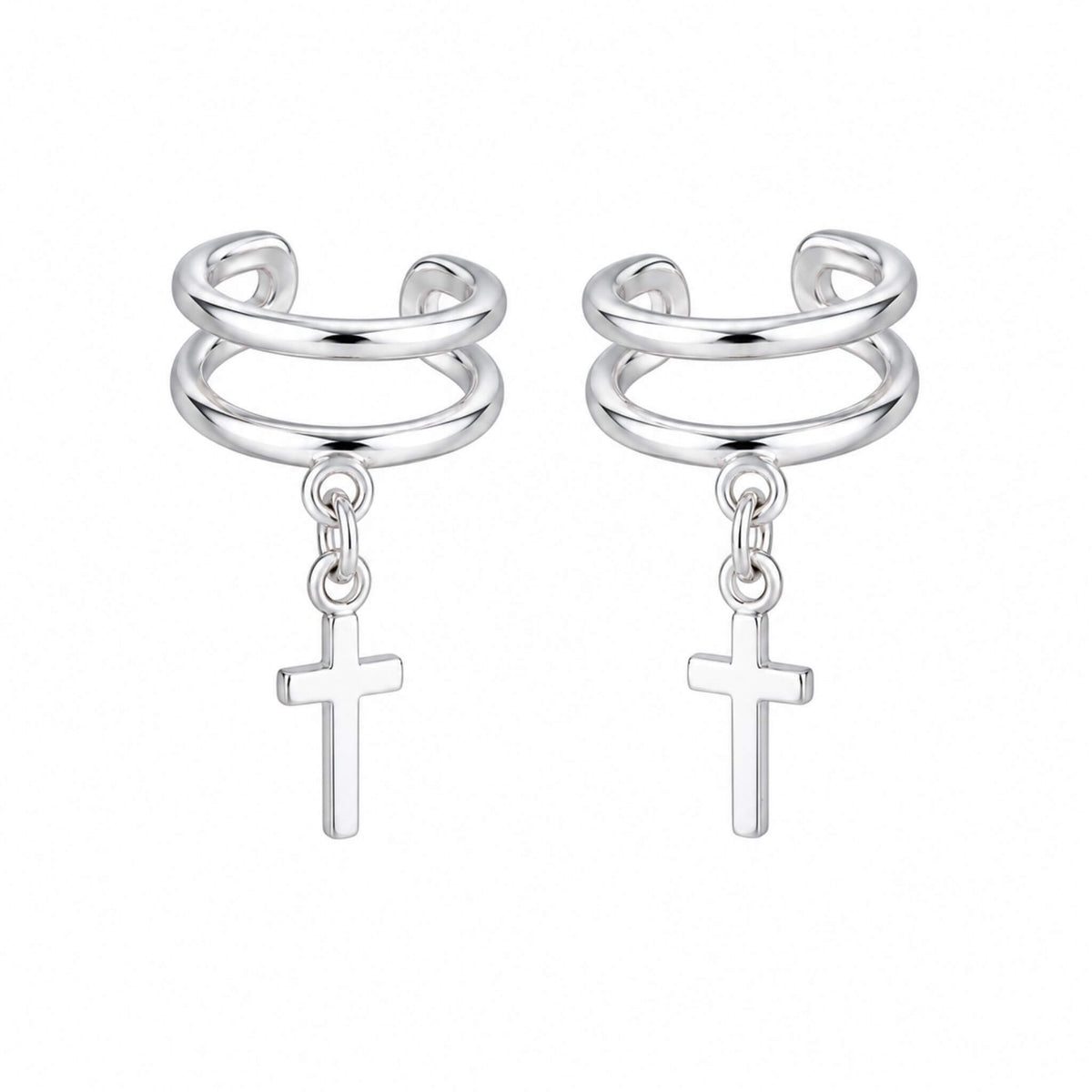Pair of 925 sterling silver cross ear cuff earrings with dangling cross charms on a white background, no piercing required.