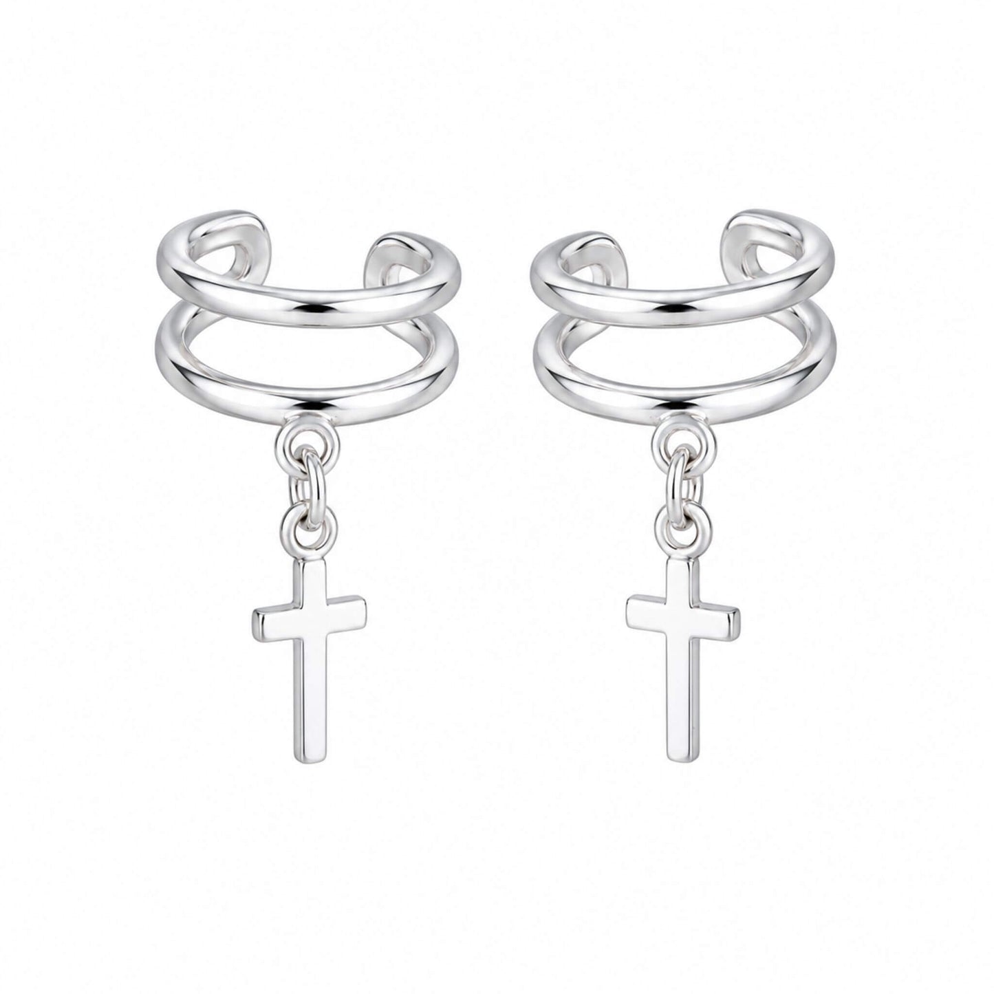 Pair of 925 sterling silver cross ear cuff earrings with dangling cross charms on a white background, no piercing required.