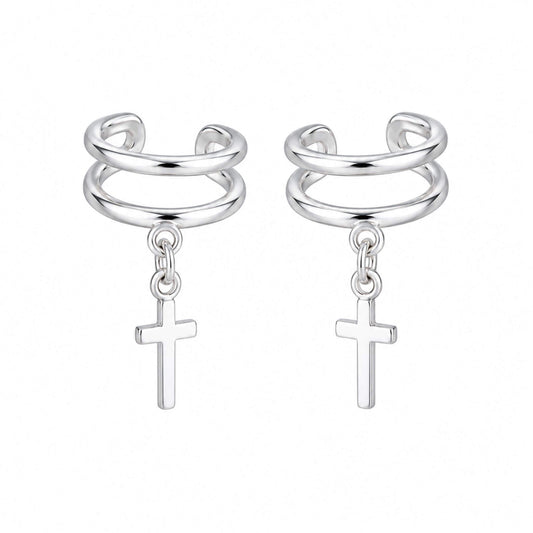 Pair of 925 sterling silver cross ear cuff earrings with dangling cross charms on a white background, no piercing required.