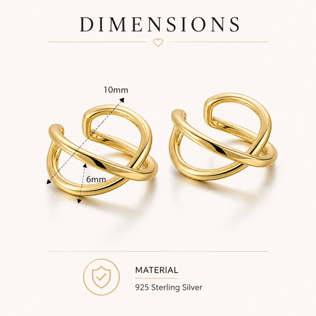 Dimensions of the 14k gold plated 925 Sterling Silver Cross Knot Ear Cuff showing 10 mm height and 6 mm width with genuine sterling silver construction.