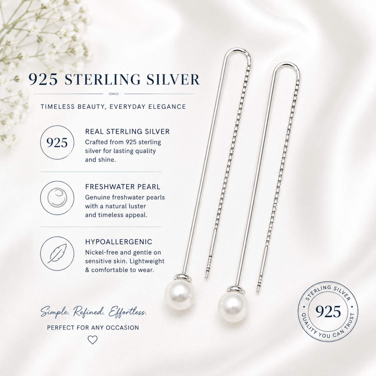 925 sterling silver freshwater pearl earrings with hypoallergenic threader design
