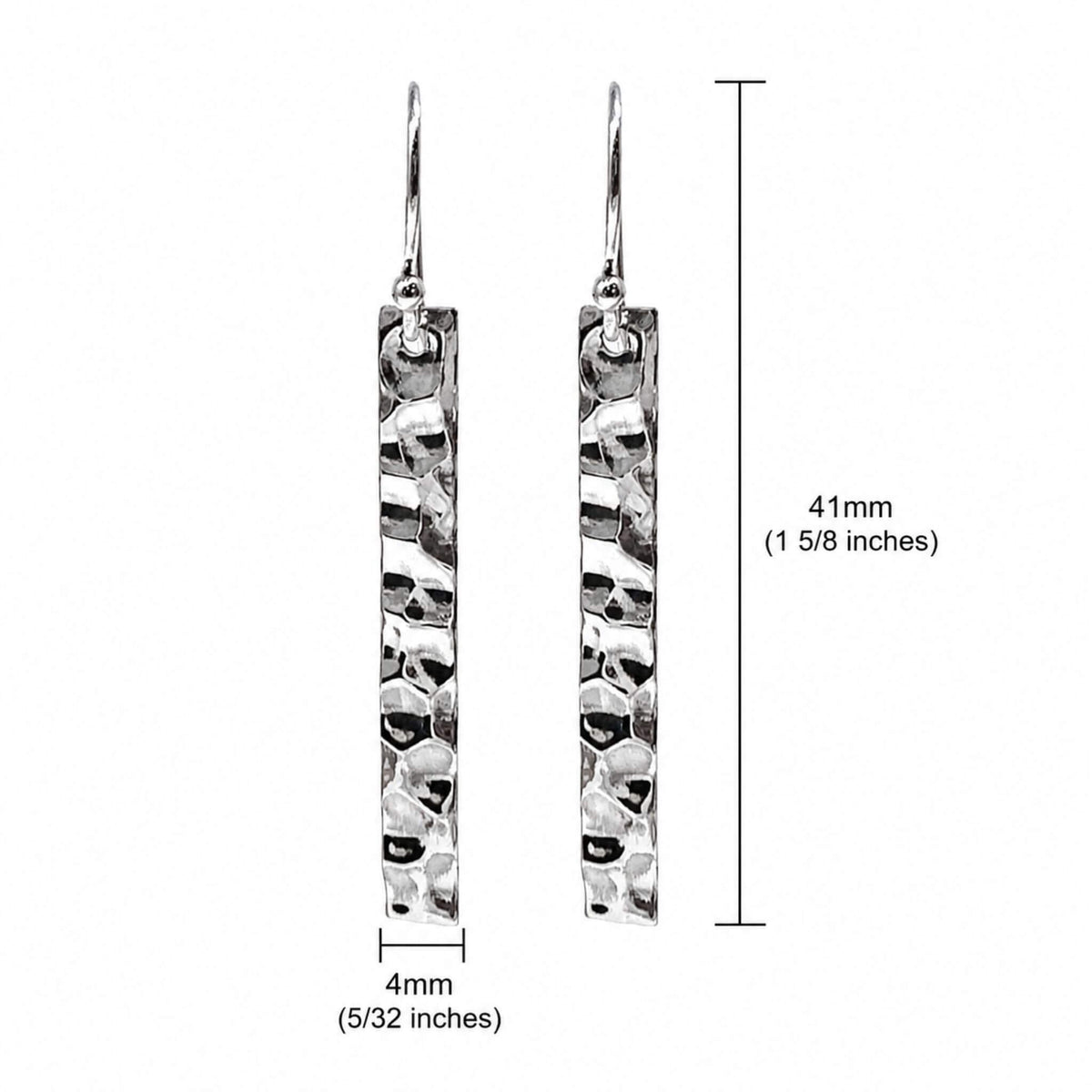 925 sterling silver hammered bar drop earrings size chart showing 4mm width (5/32 inch) and 41mm drop length (1 5/8 inch) on white background