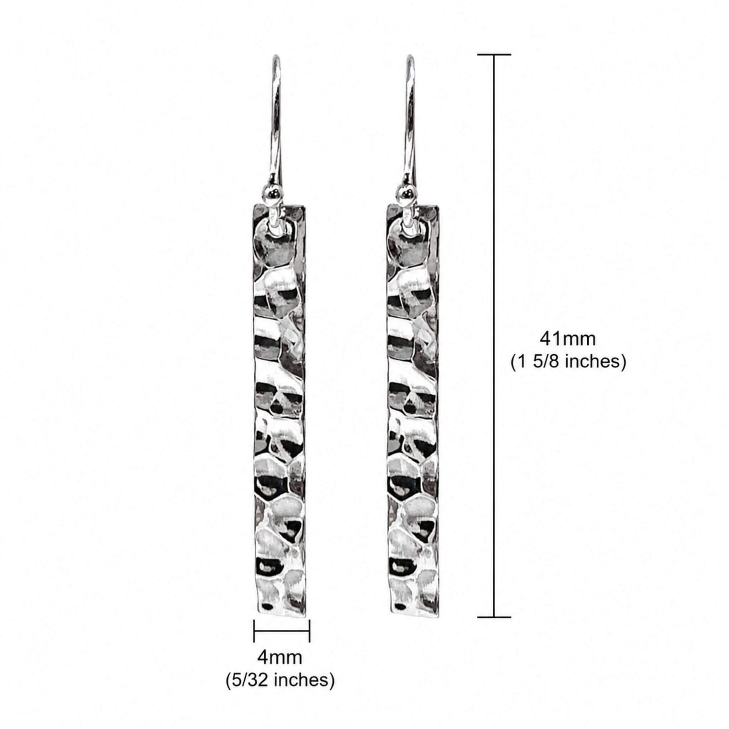 925 sterling silver hammered bar drop earrings size chart showing 4mm width (5/32 inch) and 41mm drop length (1 5/8 inch) on white background