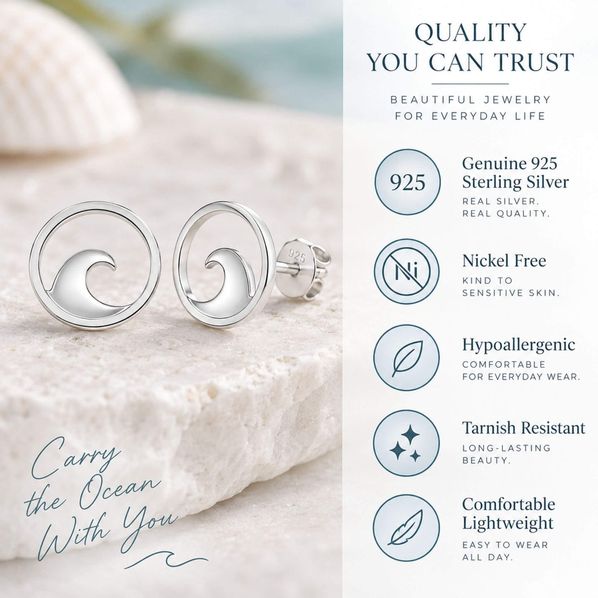 925 sterling silver ocean wave earrings with nickel-free and hypoallergenic features
