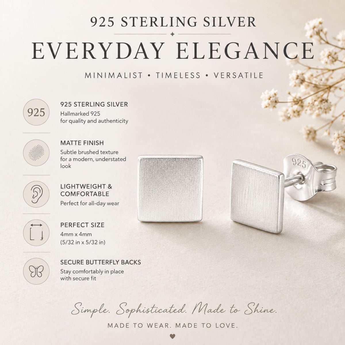 925 sterling silver square stud earrings with matte finish and butterfly backs