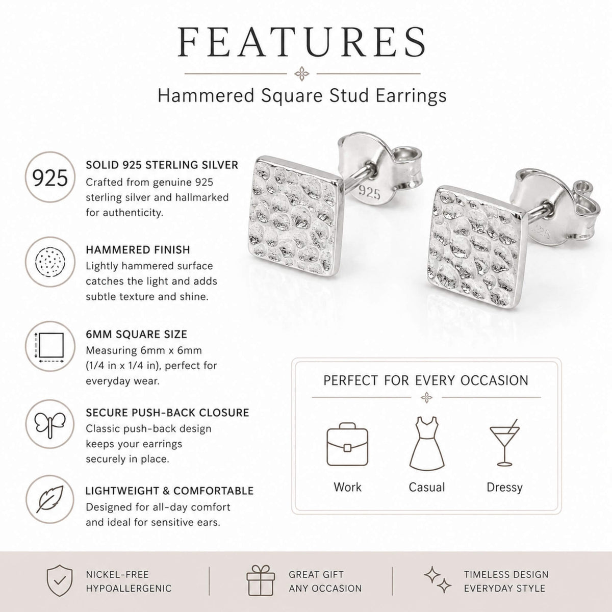 925 sterling silver stud earrings showing hammered finish, 6mm size and push-back closure