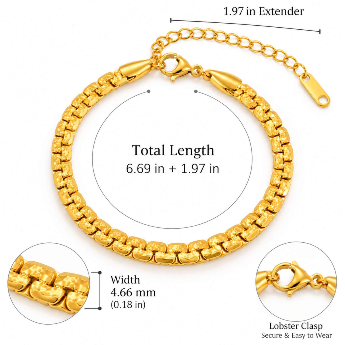 Adjustable gold bracelet measuring 6.69 inches with 1.97 inch extender and 4.66 mm width