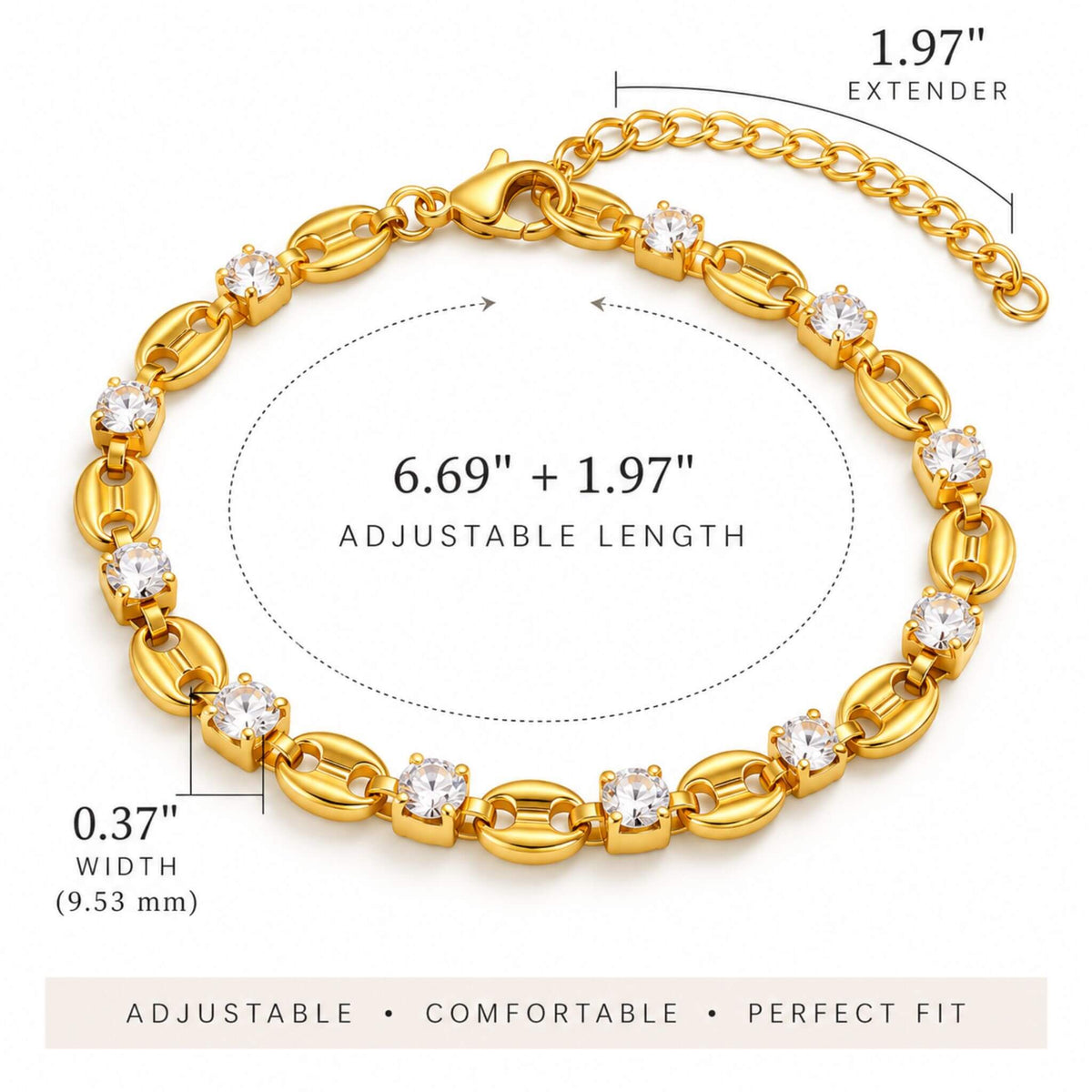 Adjustable gold link bracelet measuring 6.69 inches with 1.97 inch extender and 0.37 inch width