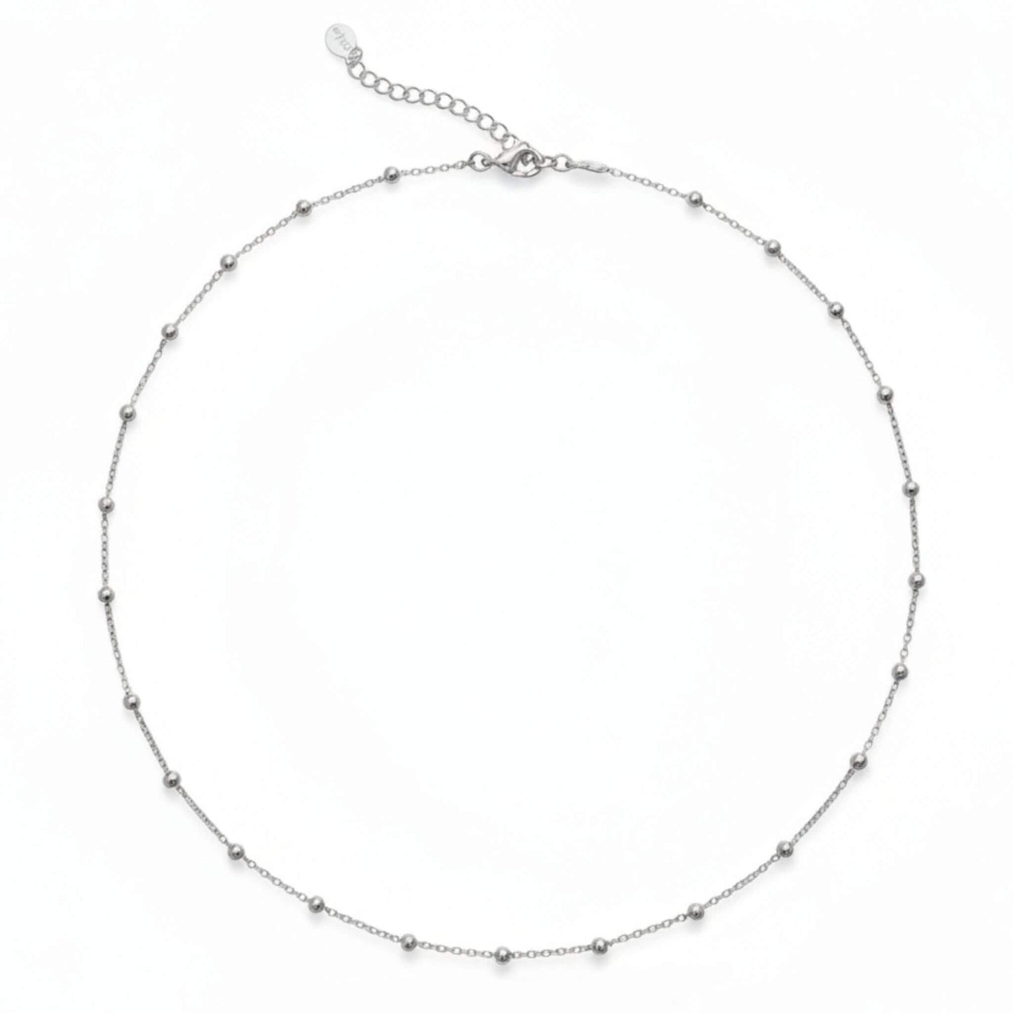 Adjustable 14-16 inch gold bead station necklace in 925 sterling silver, delicate dainty chain design.