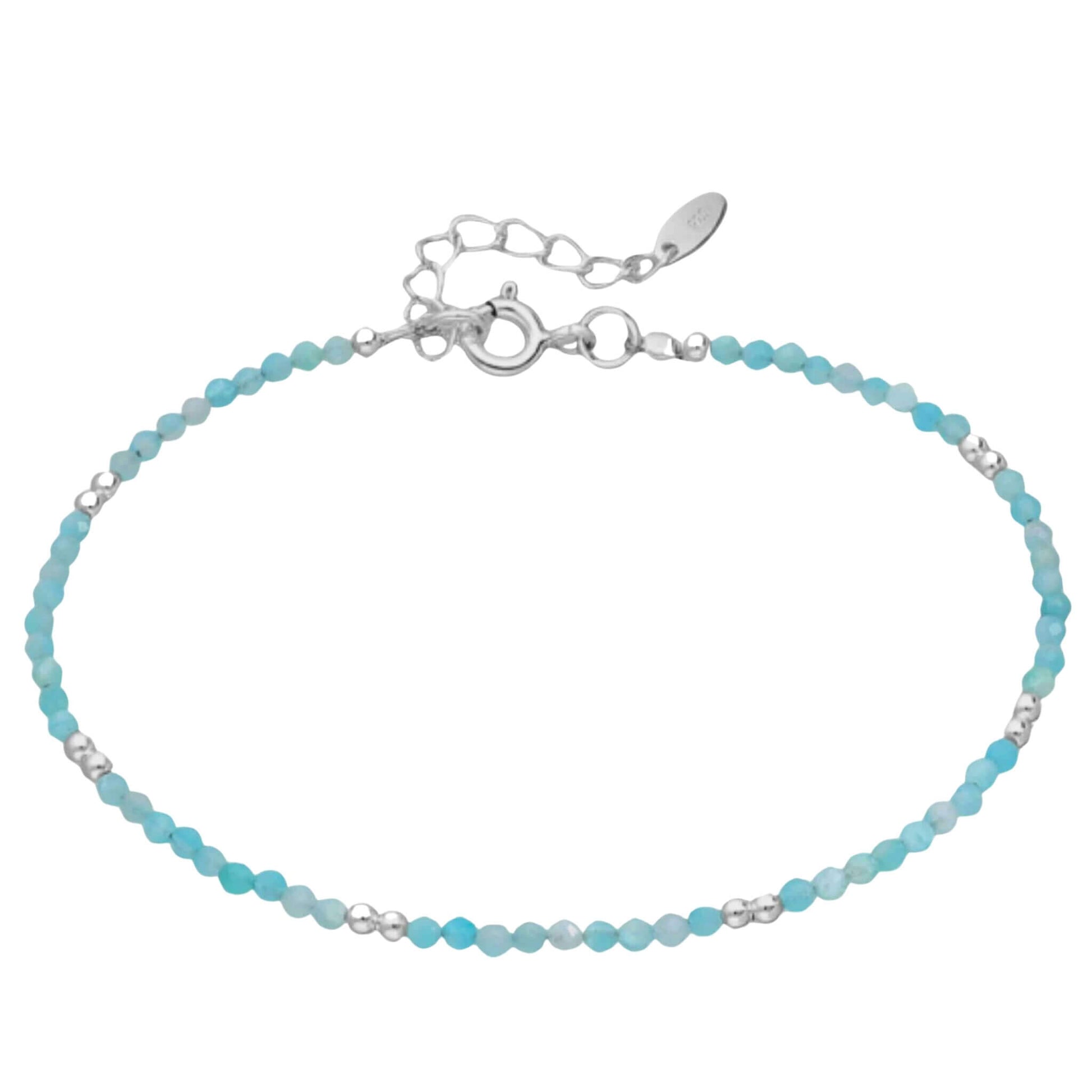 Beaded amazonite bracelet with sterling silver clasp and spacer beads on white background