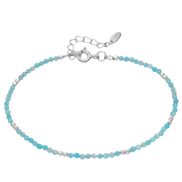 Beaded amazonite bracelet with sterling silver clasp and spacer beads on white background