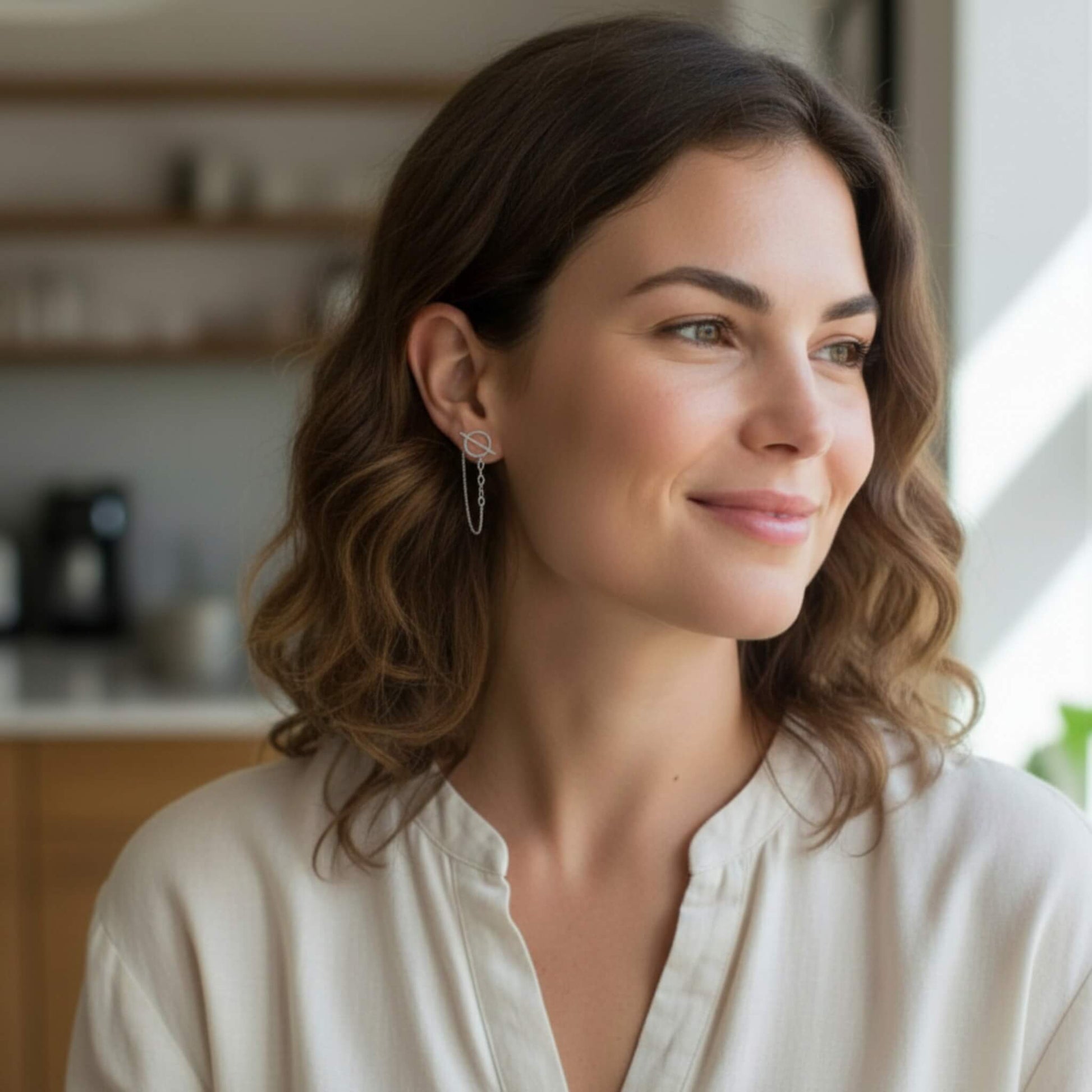 Modern sterling silver circle and bar chain stud earrings