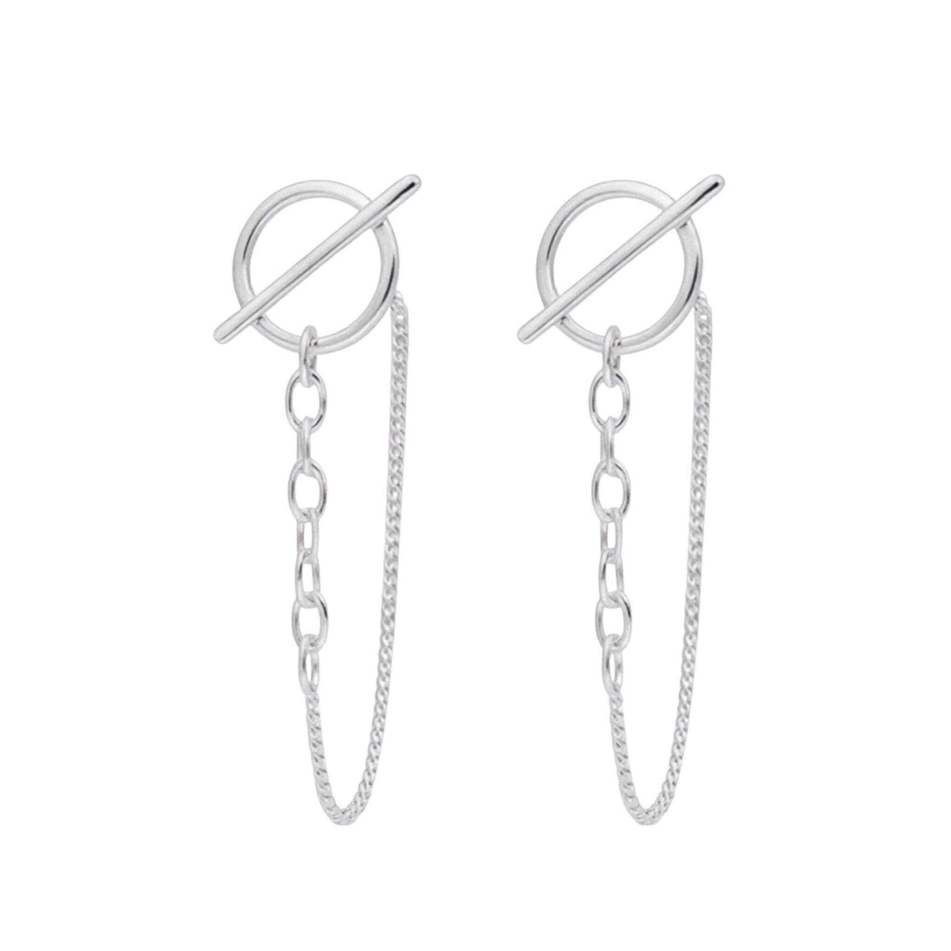 Circle bar chain stud earrings in 925 sterling silver with minimalist design