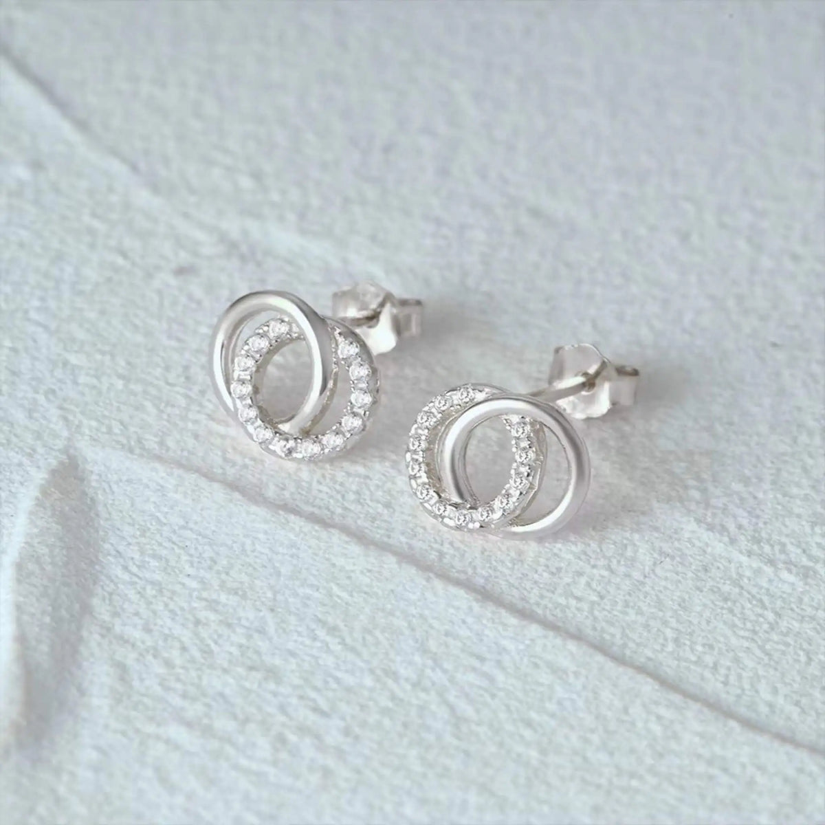 Dainty Silver Hoop Earrings - Lightweight 925 Sterling Silver Two Circle Zircon Studs for Daily Wear