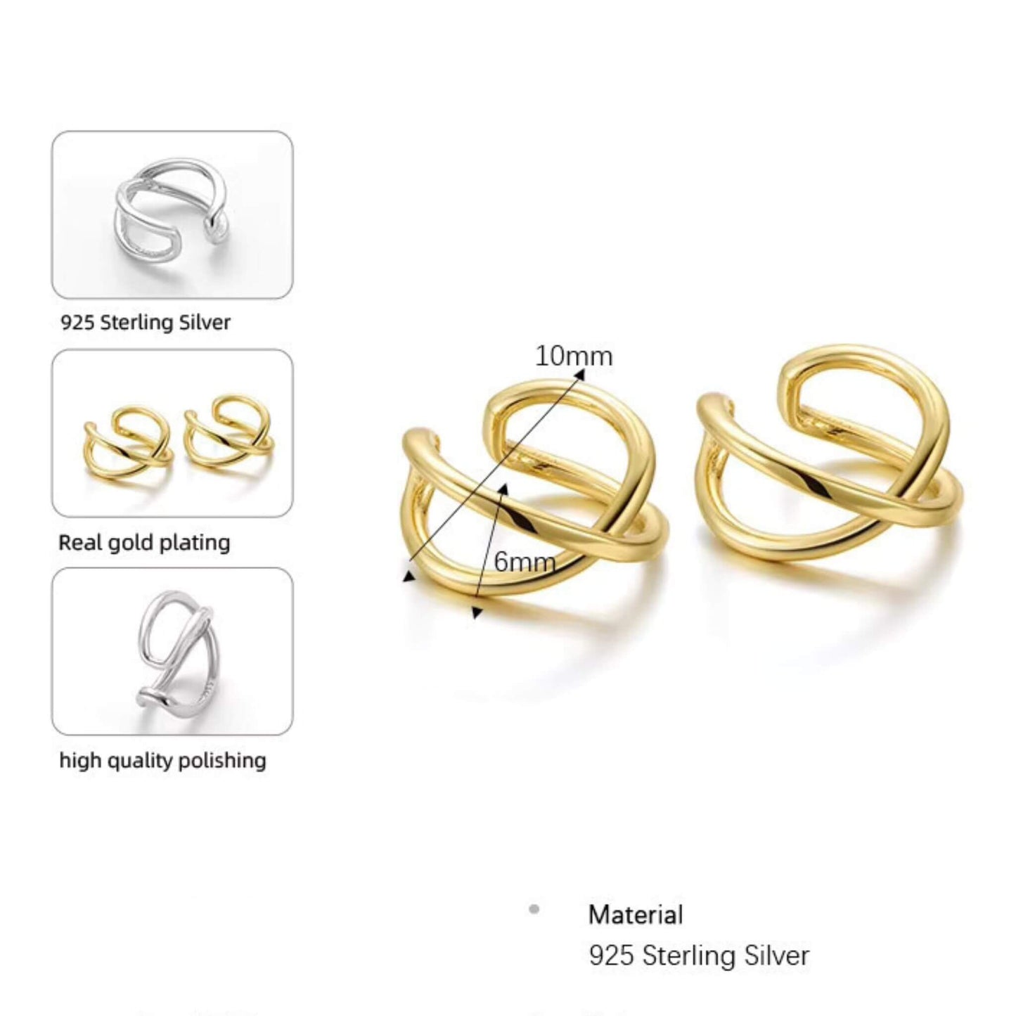 Dainty Gold Ear Cuff - Lightweight 925 Sterling Silver Everyday Ear Jewelry