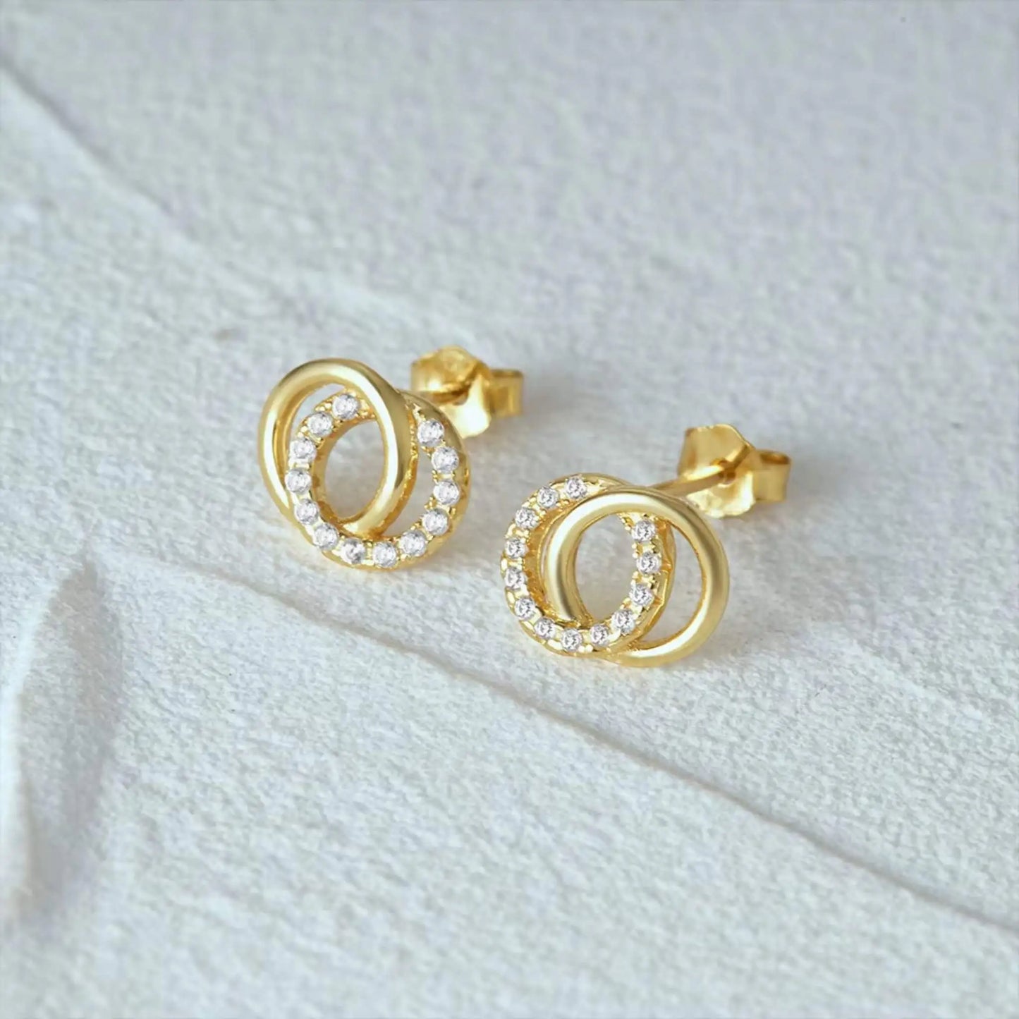 Dainty Gold Hoop Earrings - Everyday Wear 14K Gold Plated Two Circle Zircon Stud Earrings