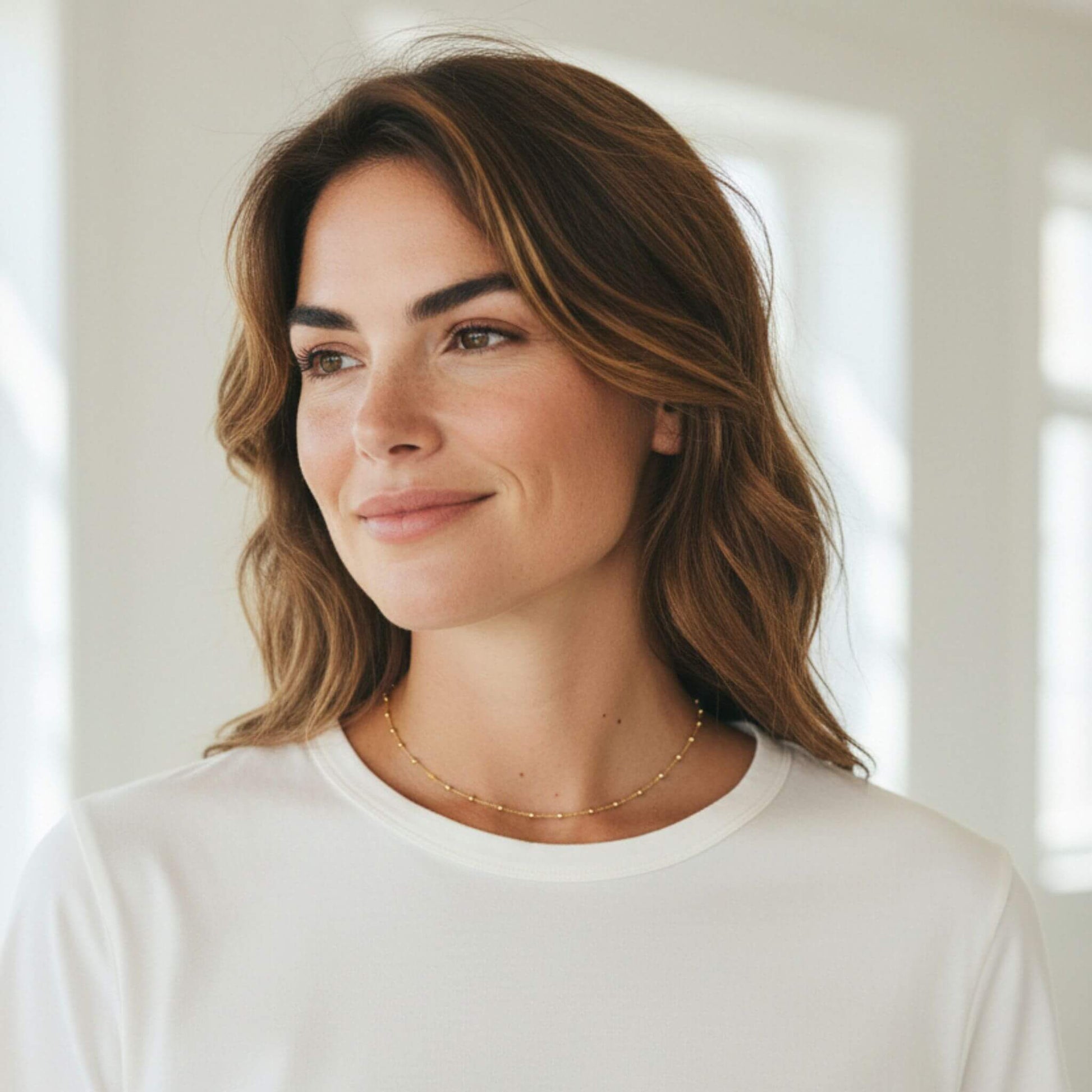 Close-up of adjustable 18K gold plated bead station necklace in 925 sterling silver with 3/32 inch beads.