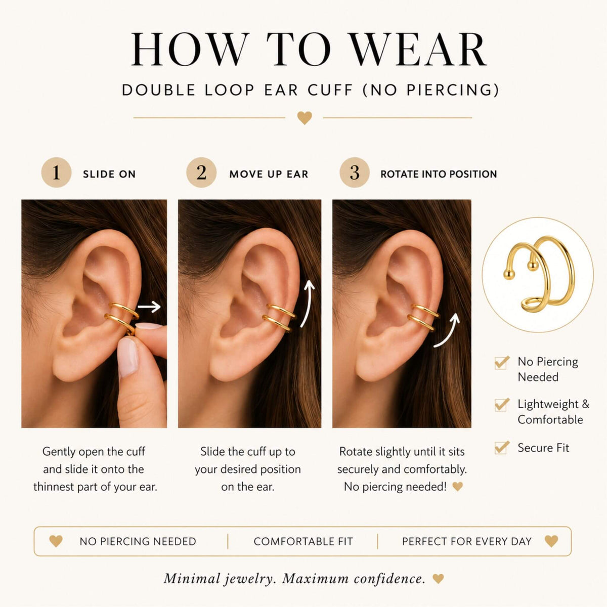 Step-by-step guide showing how to wear the Double Loop Ear Cuff with no piercing required by sliding, positioning, and rotating the ear cuff into place.