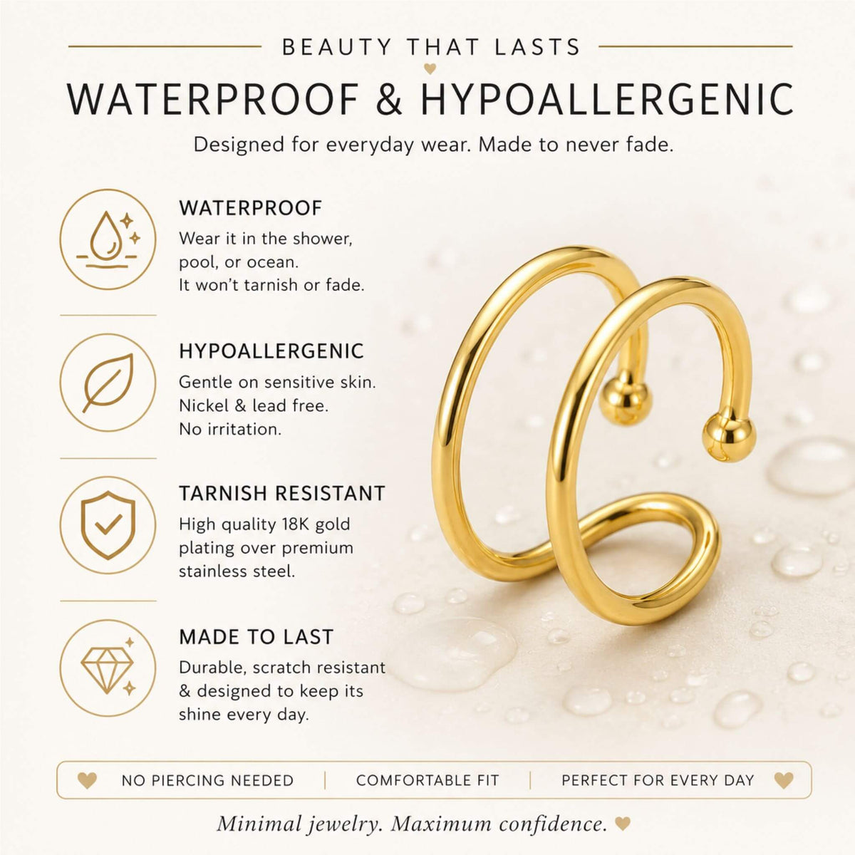 Double Loop Ear Cuff featuring waterproof, hypoallergenic, tarnish-resistant stainless steel with durable 18K gold plating for everyday wear.