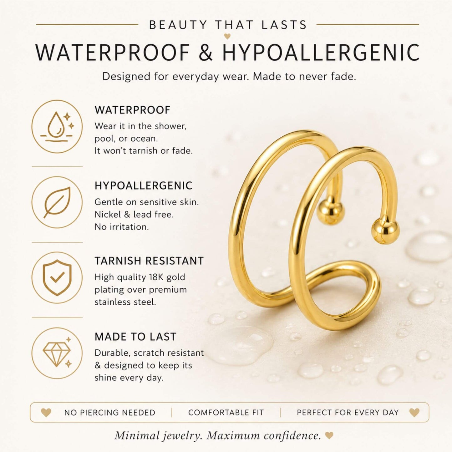 Double Loop Ear Cuff featuring waterproof, hypoallergenic, tarnish-resistant stainless steel with durable 18K gold plating for everyday wear.