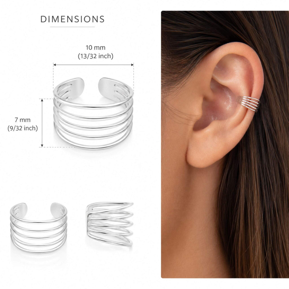 Ear cuff dimensions — 10mm wide by 7mm tall — sterling silver five band cartilage cuff