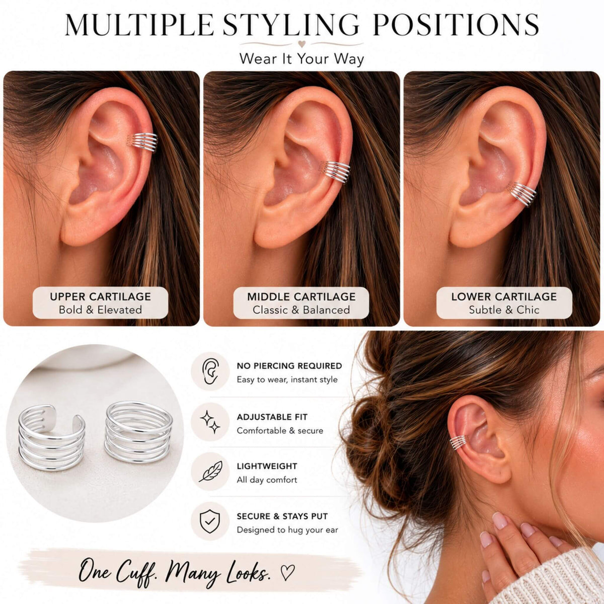 Multiple styling positions for ear cuff — upper cartilage bold look, middle cartilage classic, lower cartilage subtle