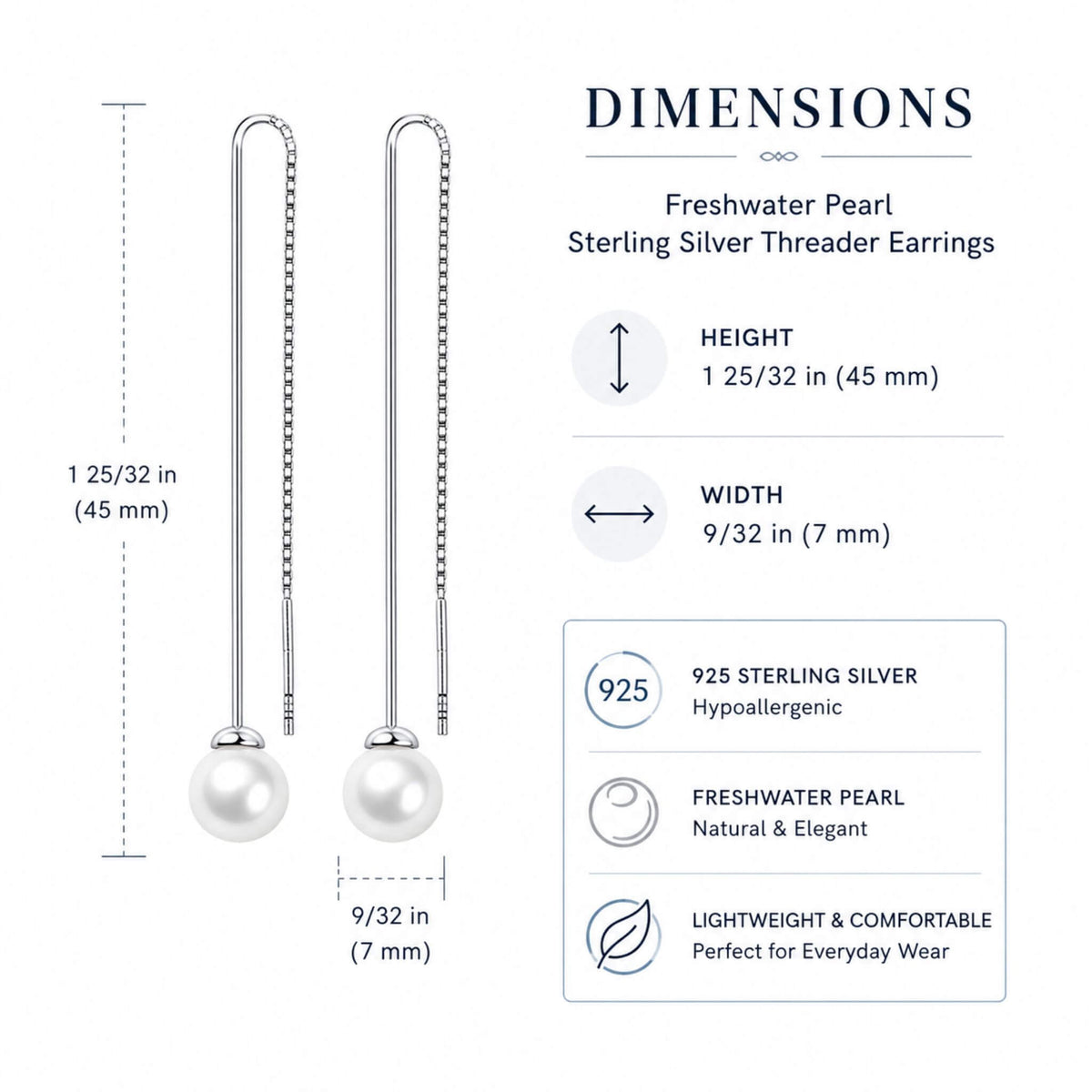 Freshwater pearl threader earrings dimensions 45 mm long and 7 mm wide