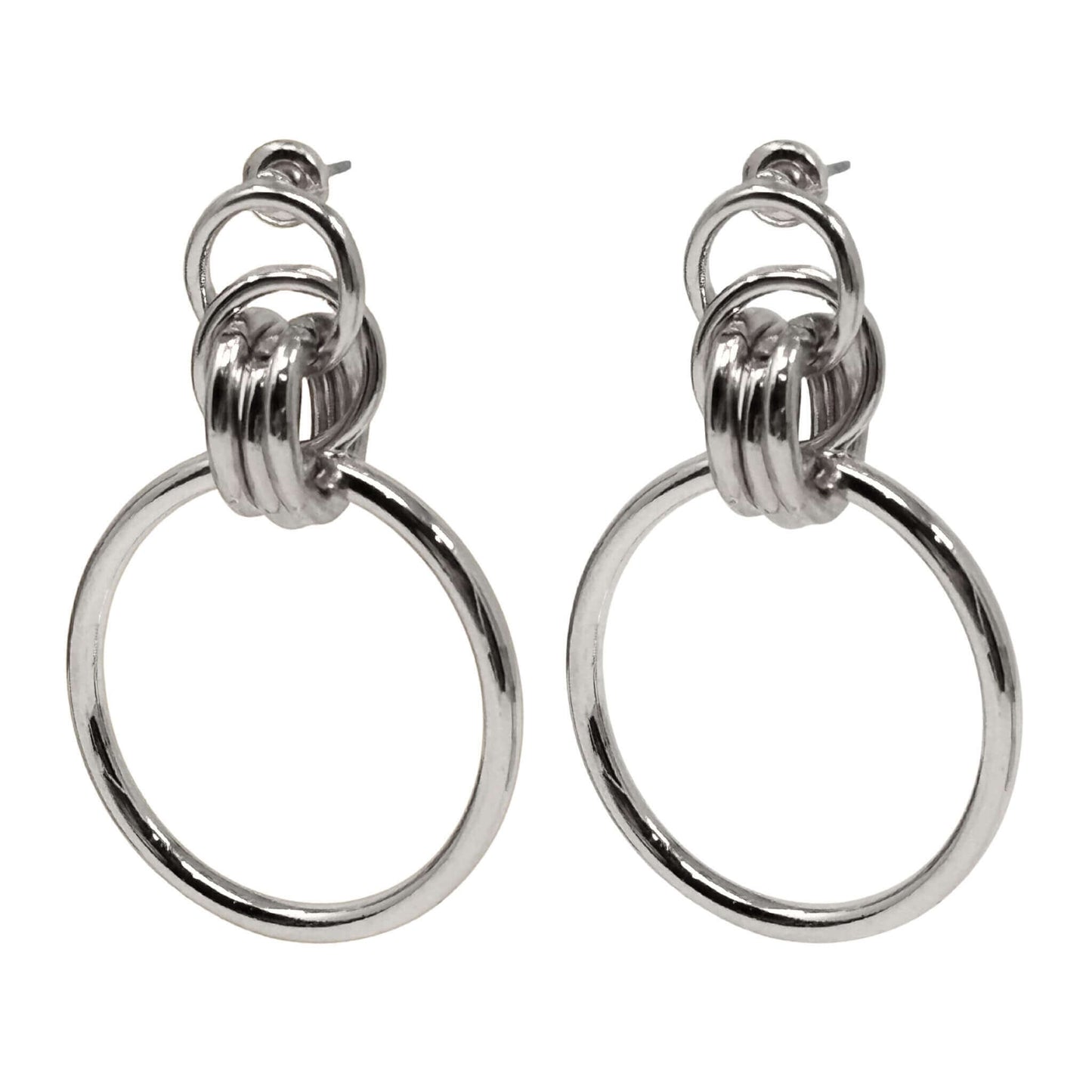 Geometric multi-circle silver hoop stud earrings for women in fashion jewelry.