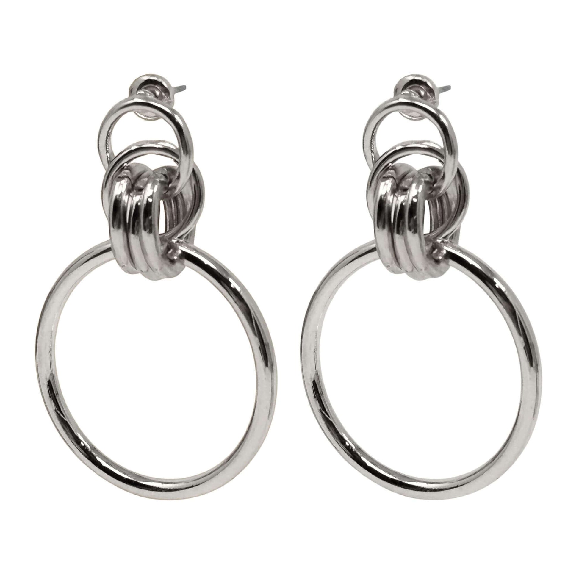Geometric multi-circle silver hoop stud earrings for women in fashion jewelry.