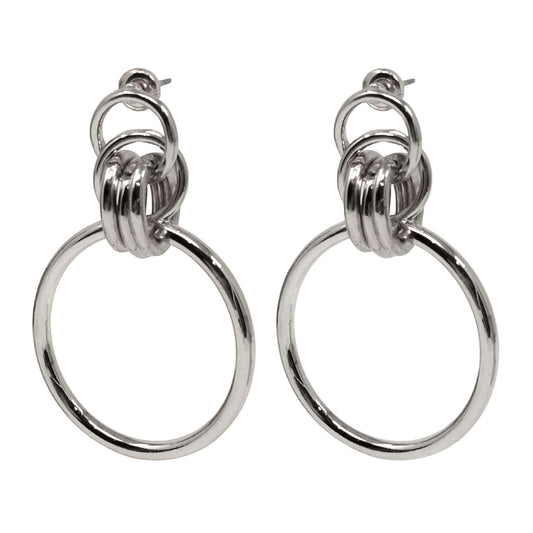 Geometric multi-circle silver hoop stud earrings for women in fashion jewelry.