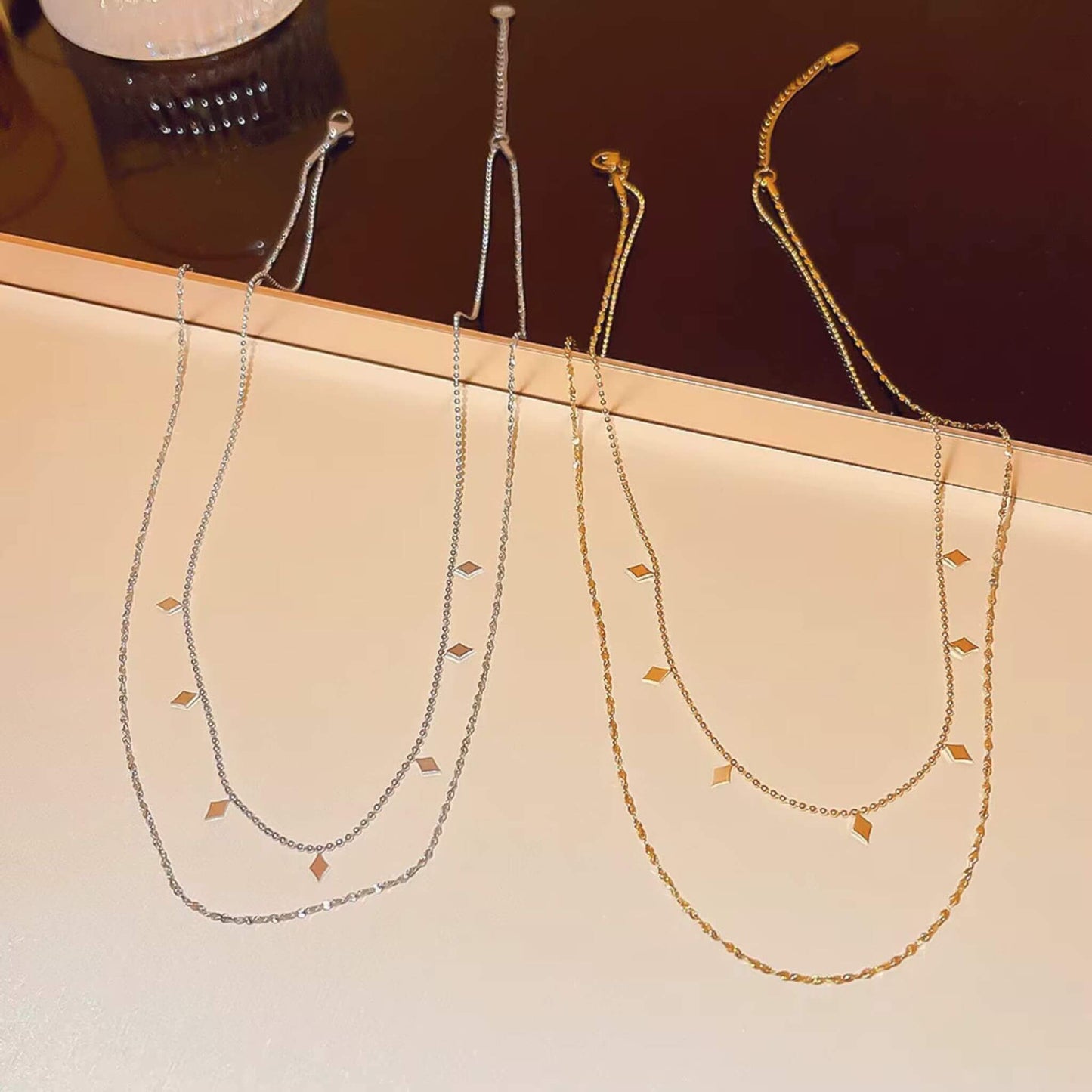 18K gold plated vs. stainless steel silver geometric double necklaces - hypoallergenic women's jewelry set