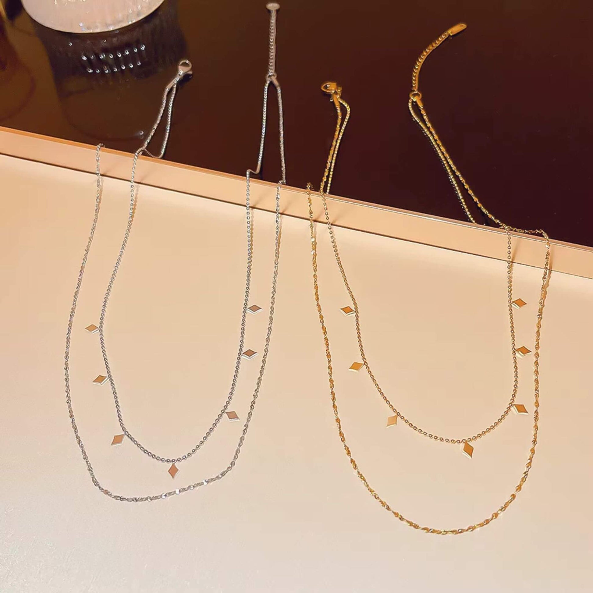 18K gold plated vs. stainless steel silver geometric double necklaces - hypoallergenic women's jewelry set