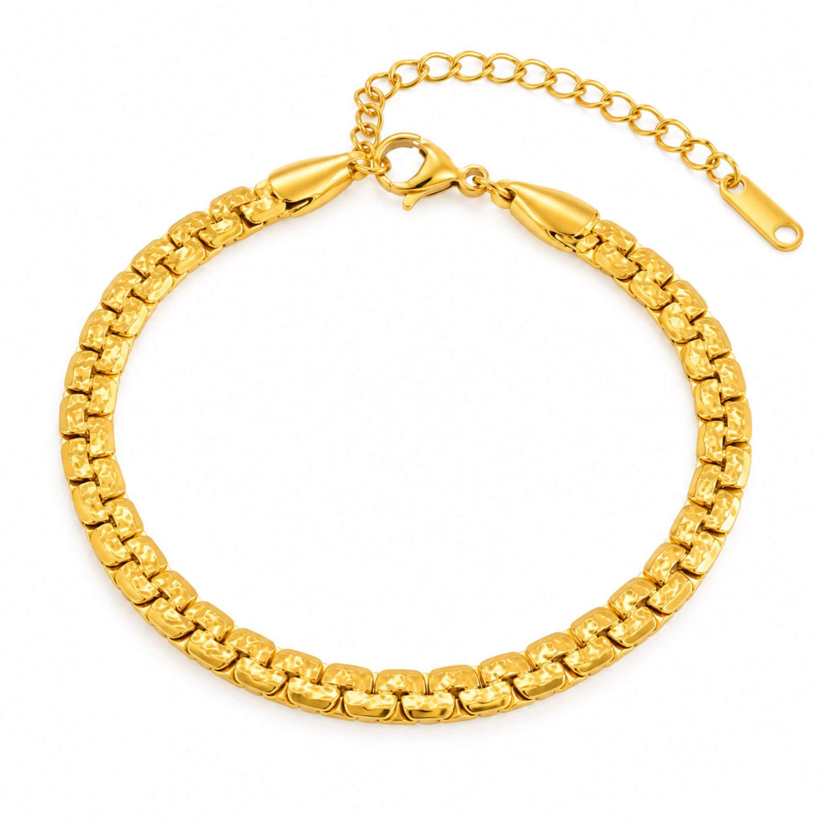 18K gold plated gold bracelet for women with textured chain links and adjustable extender