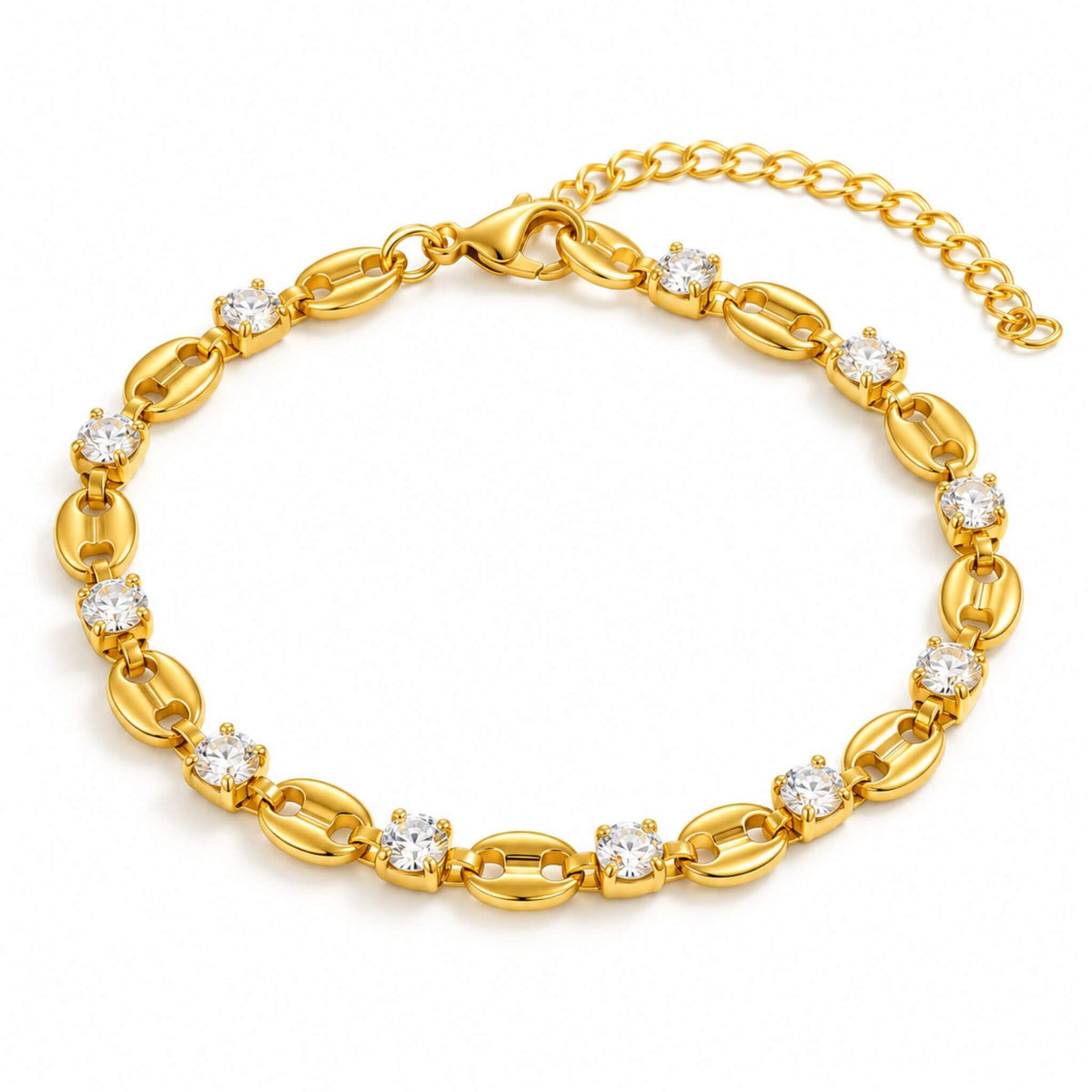 Gold bracelet for women with 18K gold plated links and cubic zirconia stones